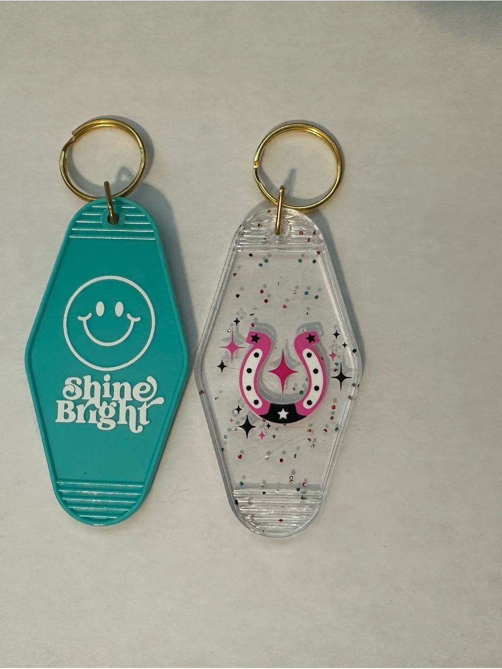 Retro Motel Keychain Pair - Teal "Shine Bright" + Clear Glitter Horseshoe